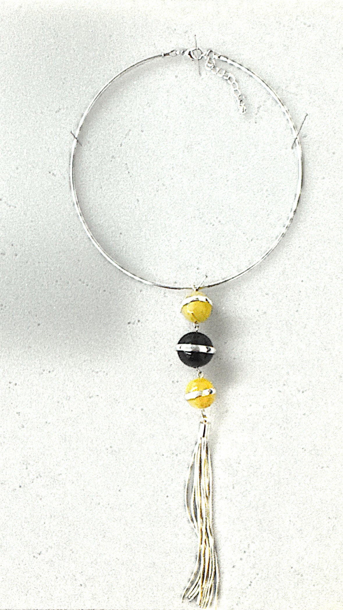 Rigid Silver Necklace with Yellow & Black Beads